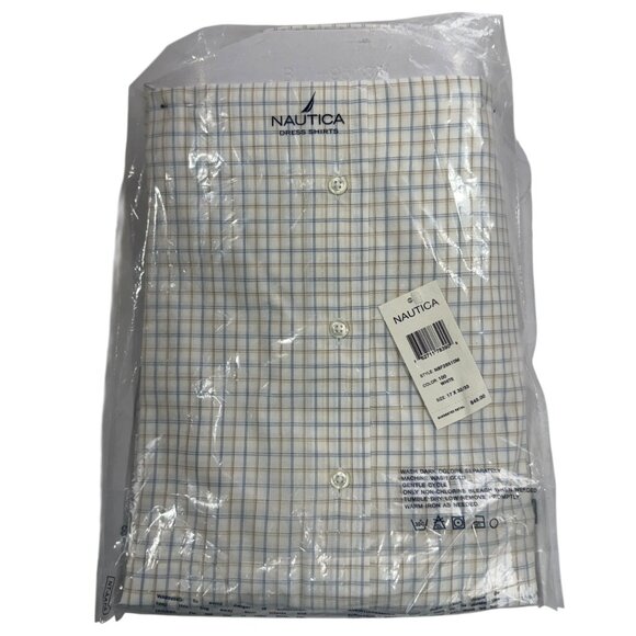 Nautica Mens Dress Shirt 100% Cotton White & Blue Plaid Button-Up Size 17 32/33 - Picture 2 of 7
